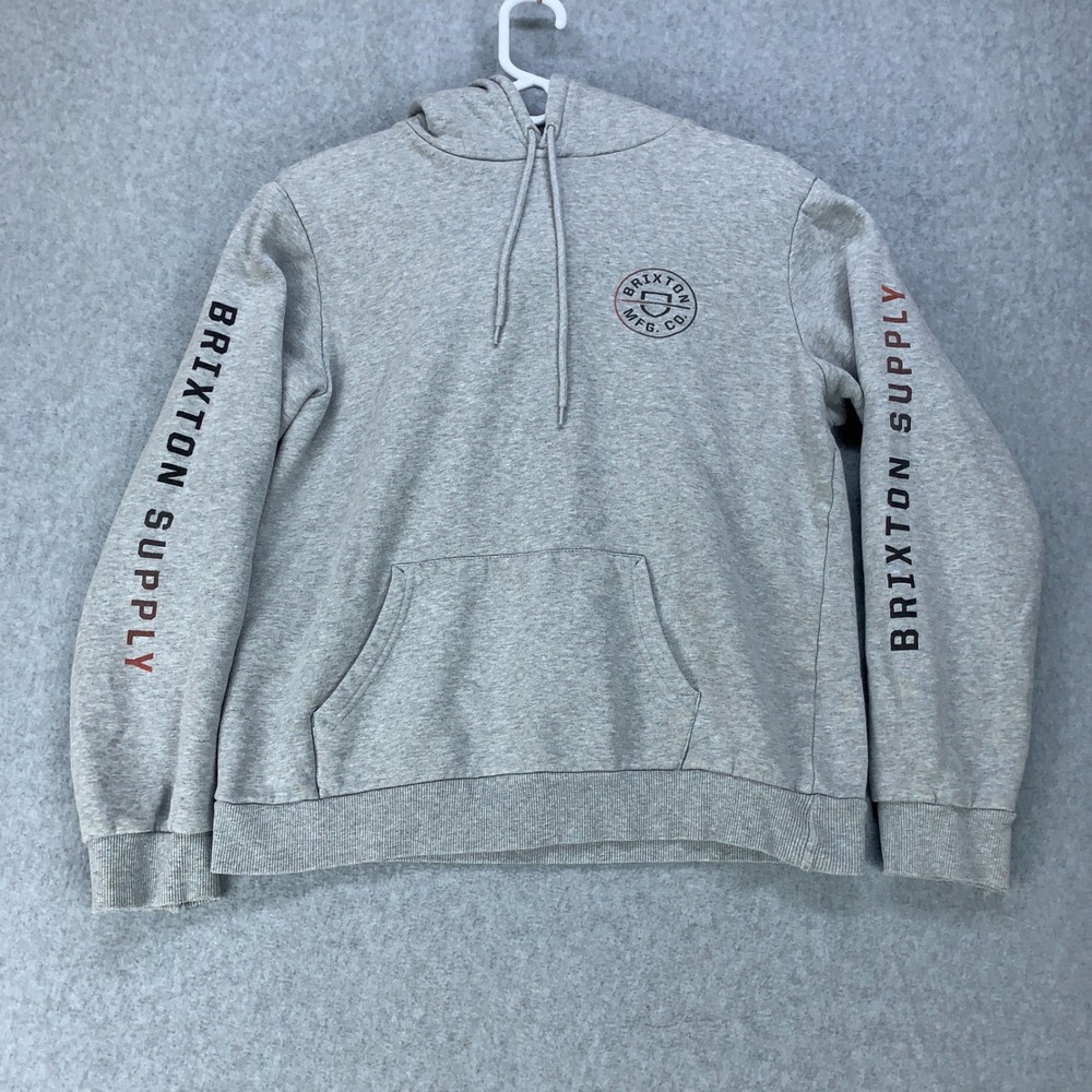 Brixton Hoodie Mens Medium Gray Graphic Sleeve Back Print Pullover Sweatshirt